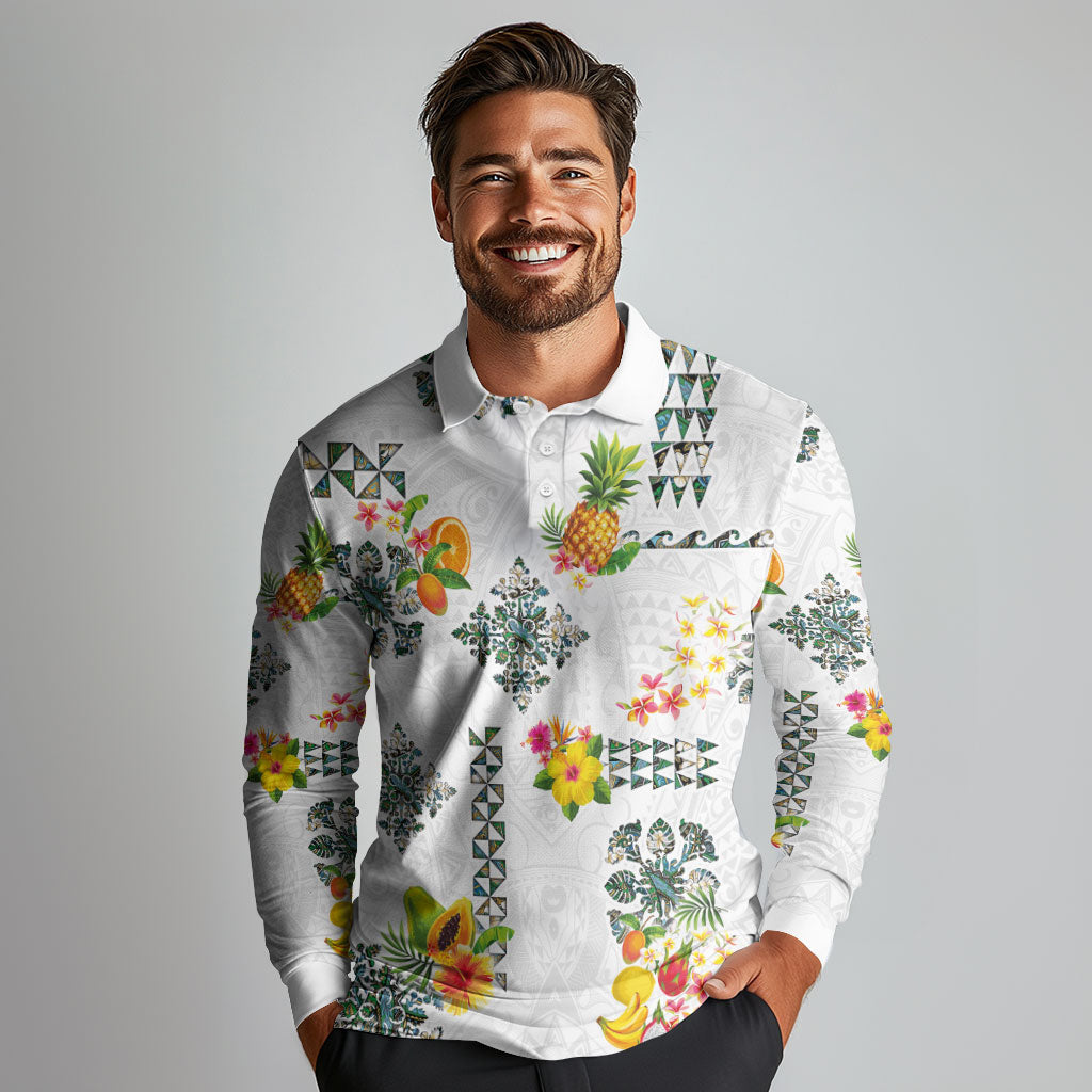 Hawaiian Quilts Long Sleeve Polo Shirt Tropical Fruits and Plants