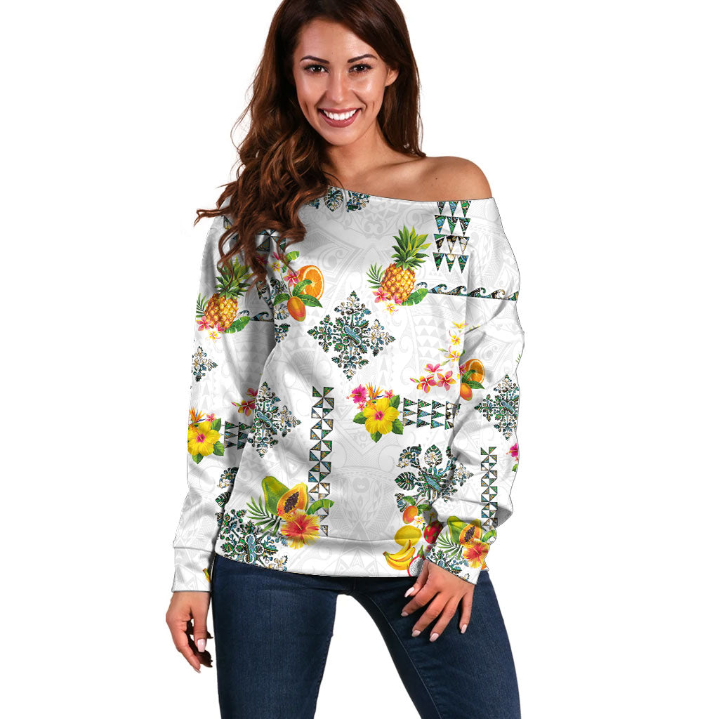 Hawaiian Quilts Off Shoulder Sweater Tropical Fruits and Plants