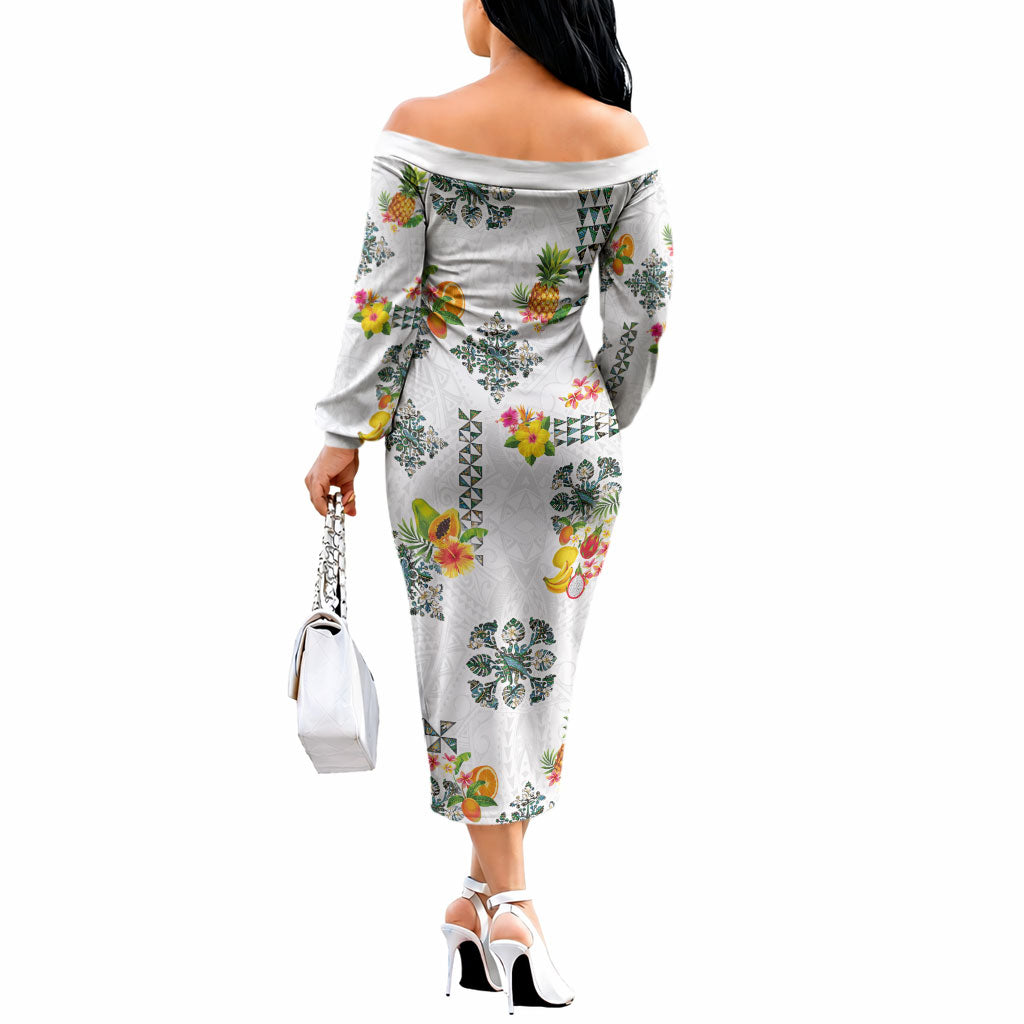 Hawaiian Quilts Off The Shoulder Long Sleeve Dress Tropical Fruits and Plants