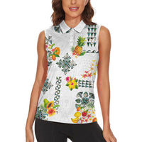 Hawaiian Quilts Women Sleeveless Polo Shirt Tropical Fruits and Plants