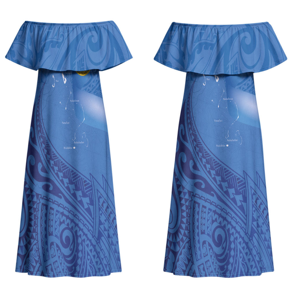 Tuvalu Heritage Couples Matching Off Shoulder Maxi Dress and Long Sleeve Button Shirt Map of the Islands and Polynesia Pattern