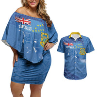 Tuvalu Heritage Couples Matching Off Shoulder Short Dress and Hawaiian Shirt Map of the Islands and Polynesia Pattern