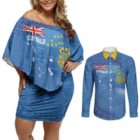 Tuvalu Heritage Couples Matching Off Shoulder Short Dress and Long Sleeve Button Shirt Map of the Islands and Polynesia Pattern