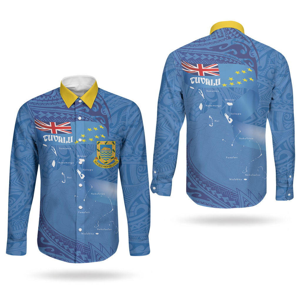 Tuvalu Heritage Couples Matching Off Shoulder Short Dress and Long Sleeve Button Shirt Map of the Islands and Polynesia Pattern