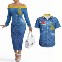 Tuvalu Heritage Couples Matching Off The Shoulder Long Sleeve Dress and Hawaiian Shirt Map of the Islands and Polynesia Pattern