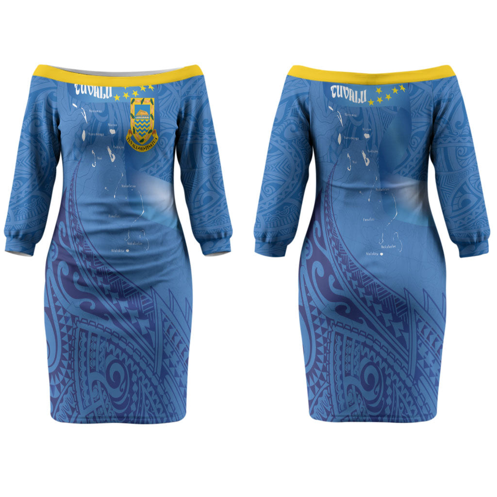 Tuvalu Heritage Couples Matching Off The Shoulder Long Sleeve Dress and Hawaiian Shirt Map of the Islands and Polynesia Pattern