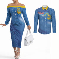 Tuvalu Heritage Couples Matching Off The Shoulder Long Sleeve Dress and Long Sleeve Button Shirt Map of the Islands and Polynesia Pattern