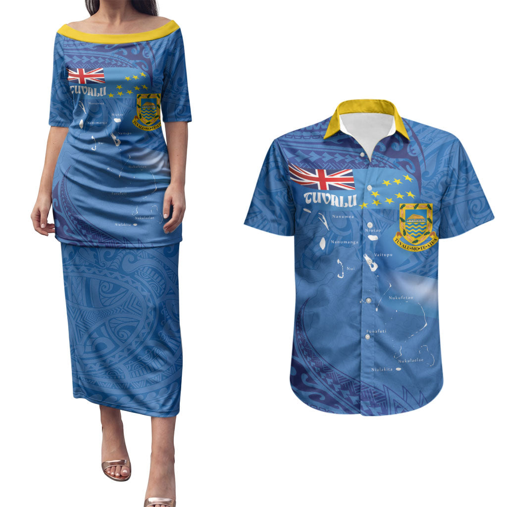 Tuvalu Heritage Couples Matching Puletasi and Hawaiian Shirt Map of the Islands and Polynesia Pattern