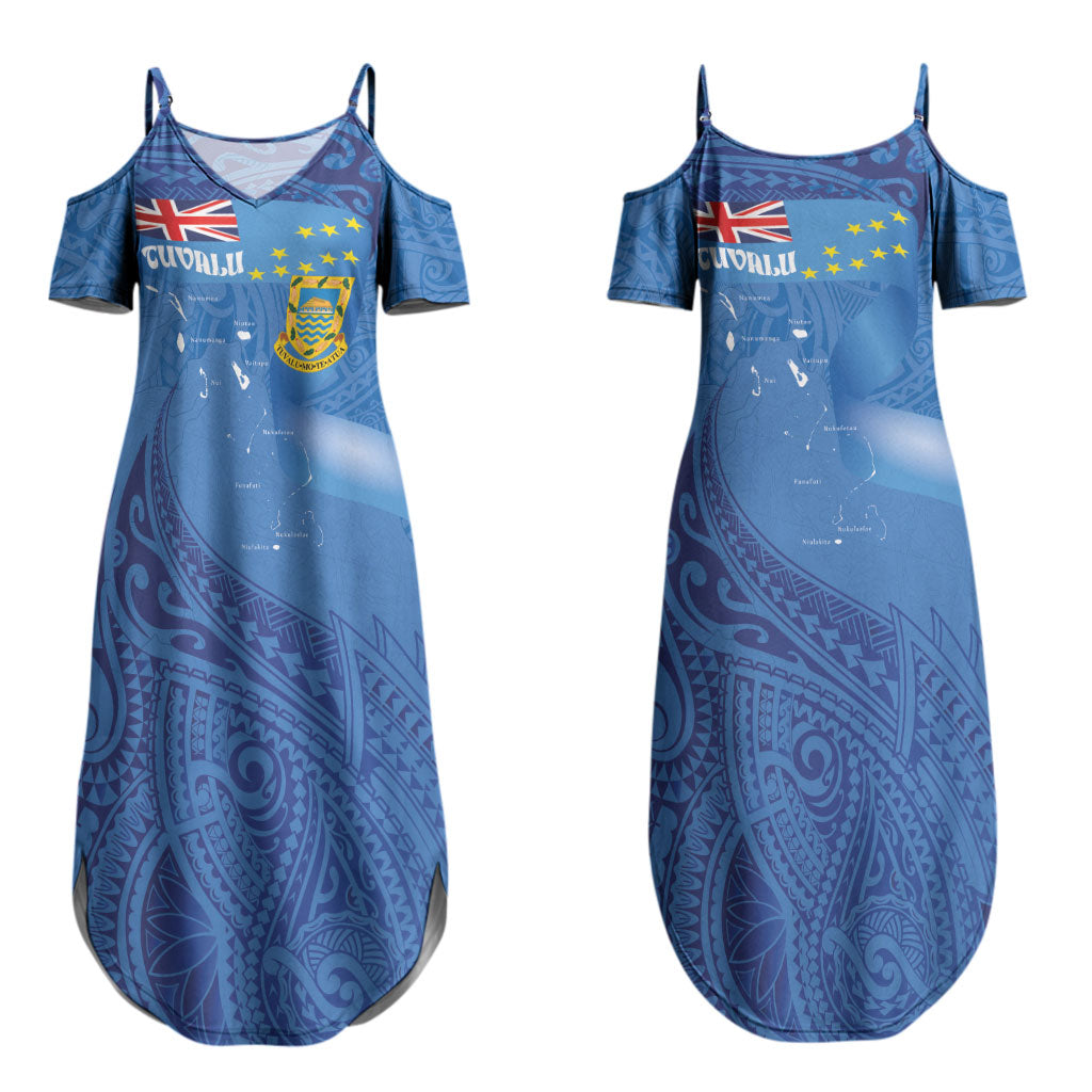 Tuvalu Heritage Couples Matching Summer Maxi Dress and Long Sleeve Button Shirt Map of the Islands and Polynesia Pattern