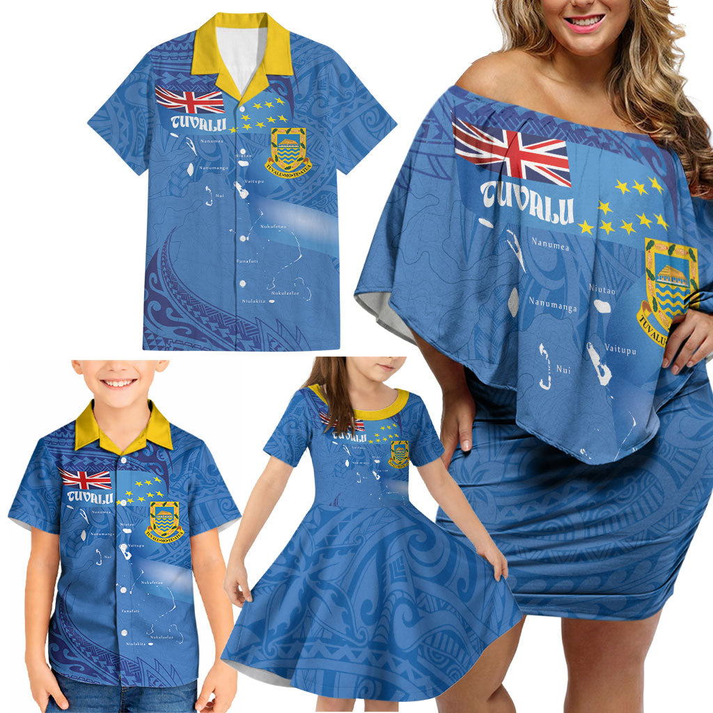 Tuvalu Heritage Family Matching Off Shoulder Short Dress and Hawaiian Shirt Map of the Islands and Polynesia Pattern