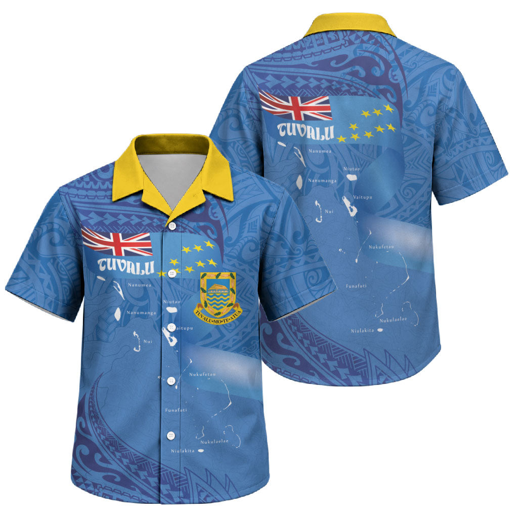 Tuvalu Heritage Family Matching Off Shoulder Short Dress and Hawaiian Shirt Map of the Islands and Polynesia Pattern