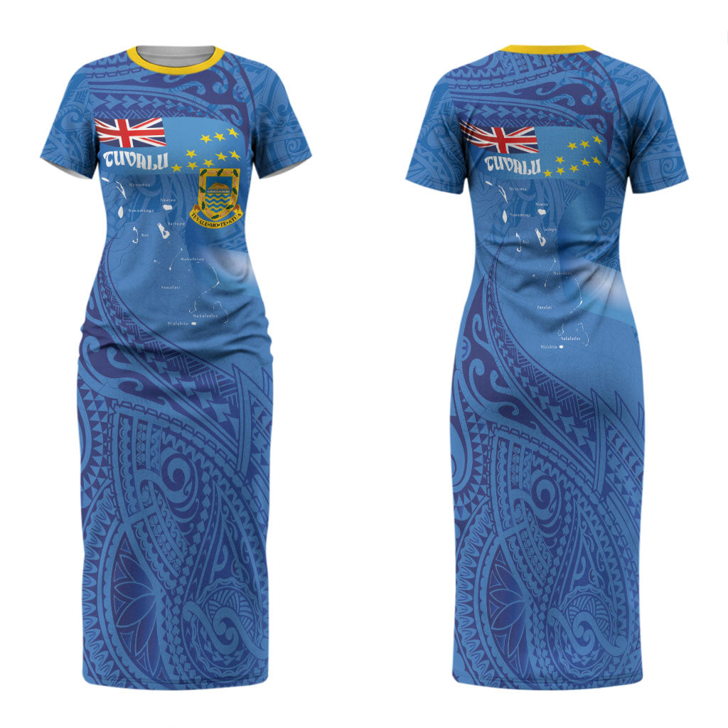 Tuvalu Heritage Family Matching Short Sleeve Bodycon Dress and Hawaiian Shirt Map of the Islands and Polynesia Pattern