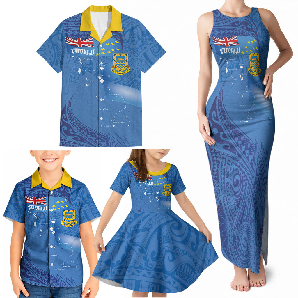 Tuvalu Heritage Family Matching Tank Maxi Dress and Hawaiian Shirt Map of the Islands and Polynesia Pattern