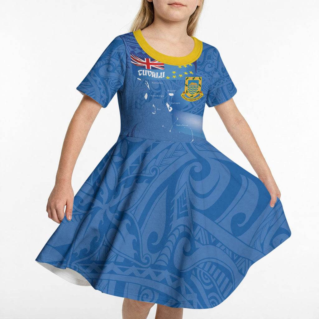Tuvalu Heritage Kid Short Sleeve Dress Map of the Islands and Polynesia Pattern