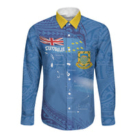 Tuvalu Heritage Long Sleeve Button Shirt Map of the Islands and Polynesia Pattern