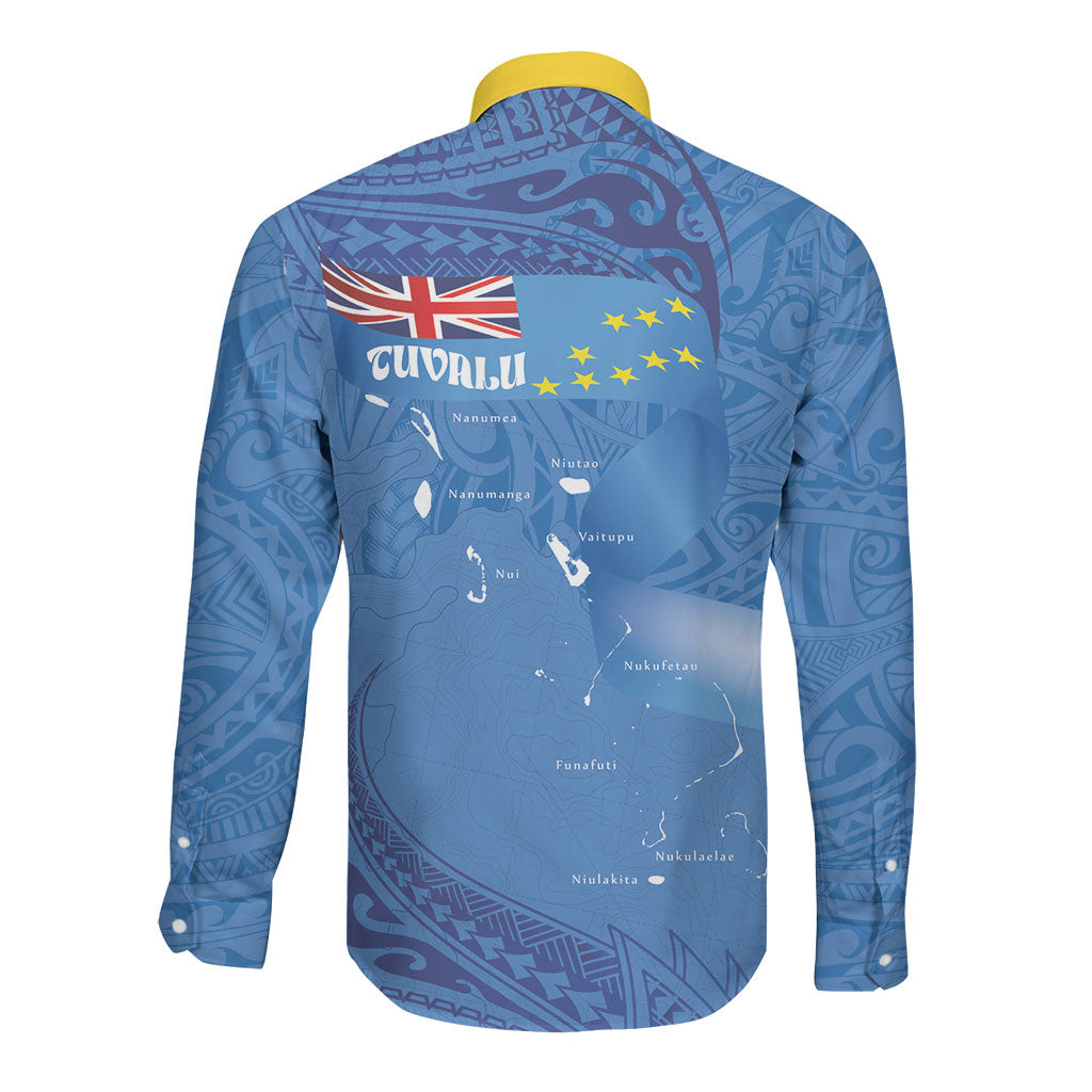 Tuvalu Heritage Long Sleeve Button Shirt Map of the Islands and Polynesia Pattern