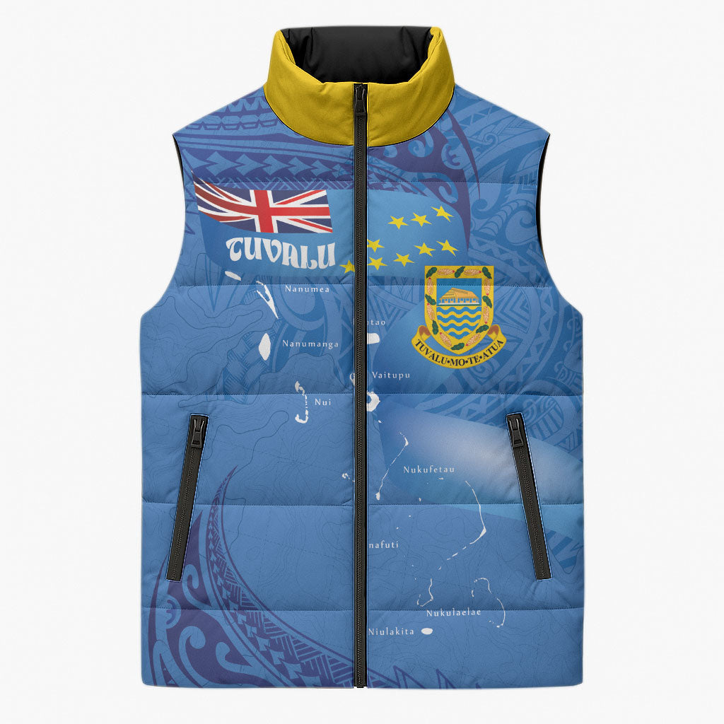 Tuvalu Heritage Sleeveless Puffer Jacket Map of the Islands and Polynesia Pattern