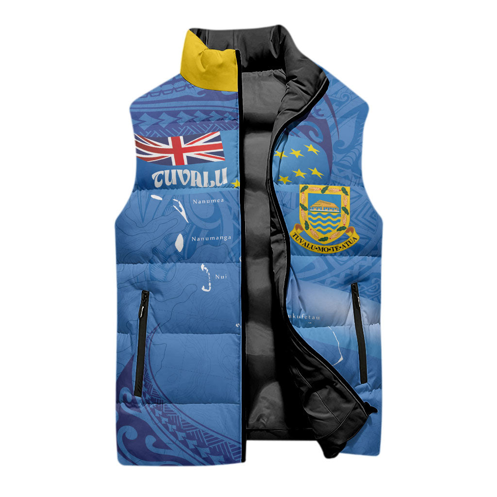 Tuvalu Heritage Sleeveless Puffer Jacket Map of the Islands and Polynesia Pattern
