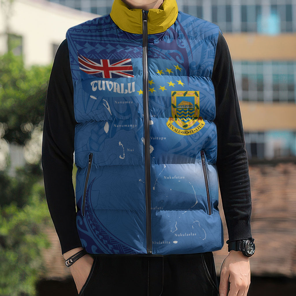 Tuvalu Heritage Sleeveless Puffer Jacket Map of the Islands and Polynesia Pattern
