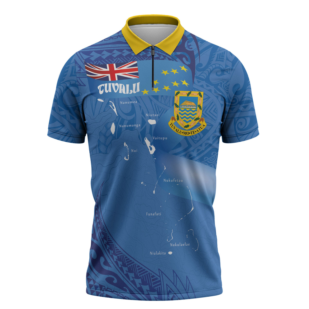 Tuvalu Heritage Zipper Polo Shirt Map of the Islands and Polynesia Pattern