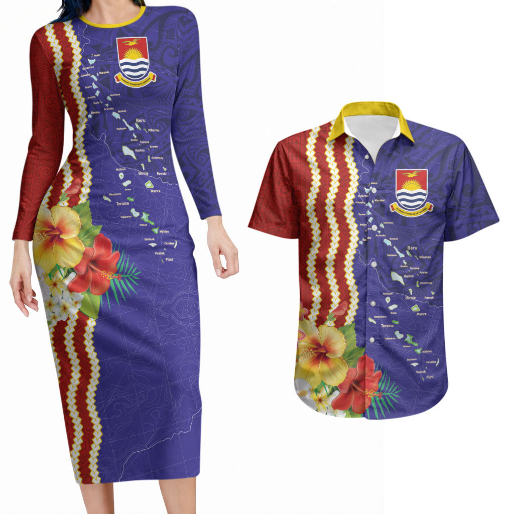 Kiribati Heritage Couples Matching Long Sleeve Bodycon Dress and Hawaiian Shirt Map of the Islands and Polynesia Pattern