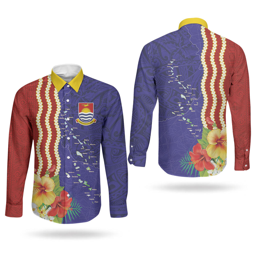 Kiribati Heritage Couples Matching Long Sleeve Bodycon Dress and Long Sleeve Button Shirt Map of the Islands and Polynesia Pattern