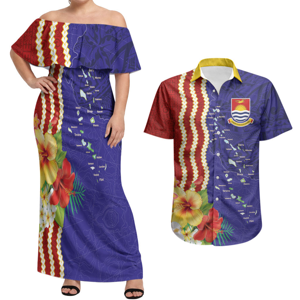 Kiribati Heritage Couples Matching Off Shoulder Maxi Dress and Hawaiian Shirt Map of the Islands and Polynesia Pattern