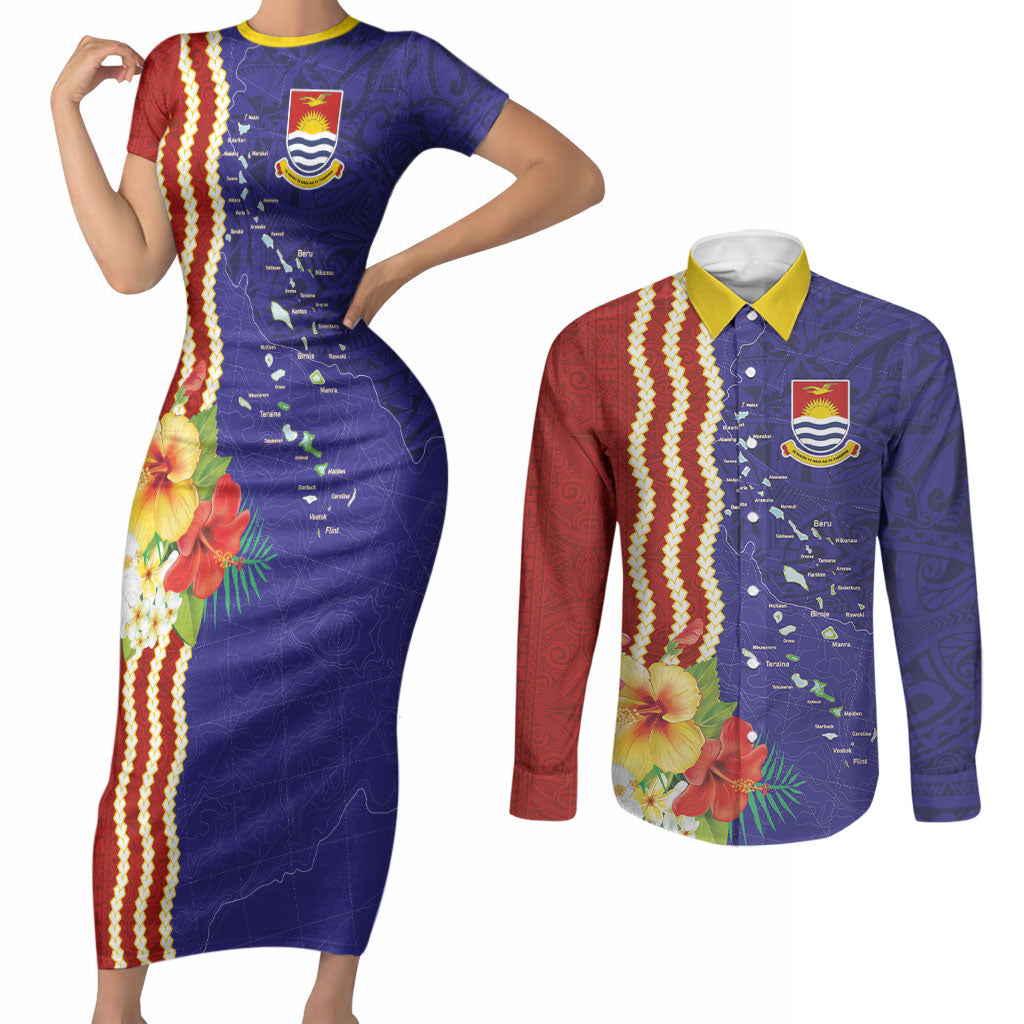 Kiribati Heritage Couples Matching Short Sleeve Bodycon Dress and Long Sleeve Button Shirt Map of the Islands and Polynesia Pattern