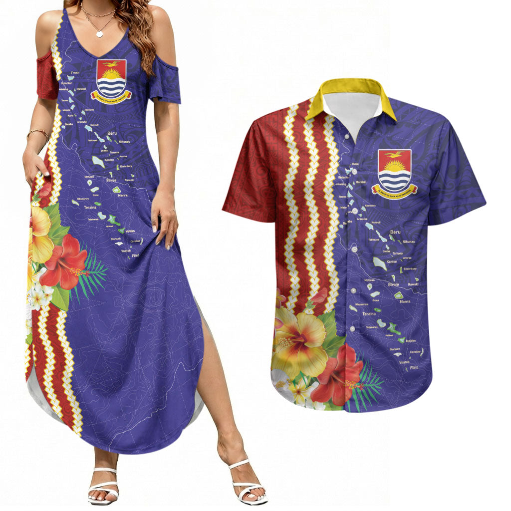 Kiribati Heritage Couples Matching Summer Maxi Dress and Hawaiian Shirt Map of the Islands and Polynesia Pattern