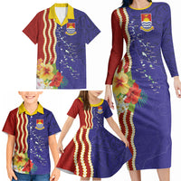 Kiribati Heritage Family Matching Long Sleeve Bodycon Dress and Hawaiian Shirt Map of the Islands and Polynesia Pattern