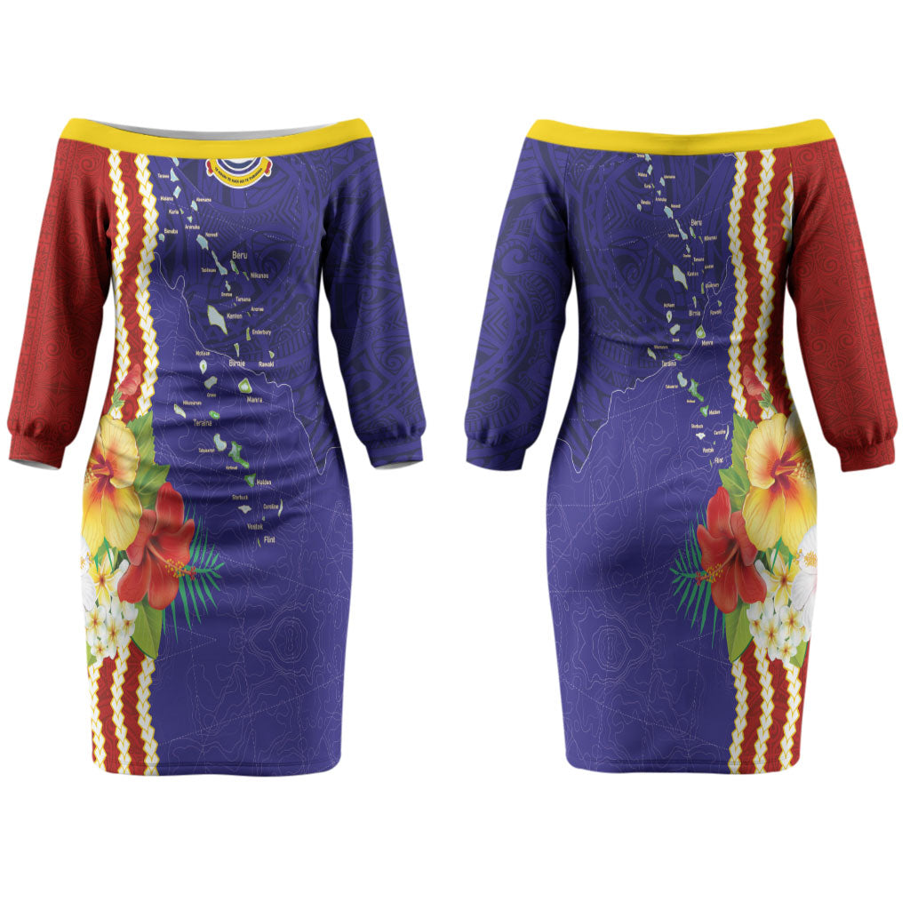 Kiribati Heritage Family Matching Off The Shoulder Long Sleeve Dress and Hawaiian Shirt Map of the Islands and Polynesia Pattern