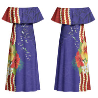 Kiribati Heritage Family Matching Off Shoulder Maxi Dress and Hawaiian Shirt Map of the Islands and Polynesia Pattern