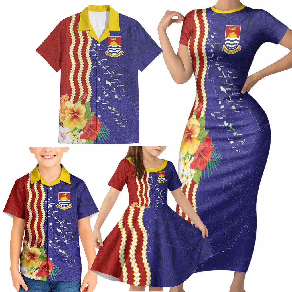 Kiribati Heritage Family Matching Short Sleeve Bodycon Dress and Hawaiian Shirt Map of the Islands and Polynesia Pattern