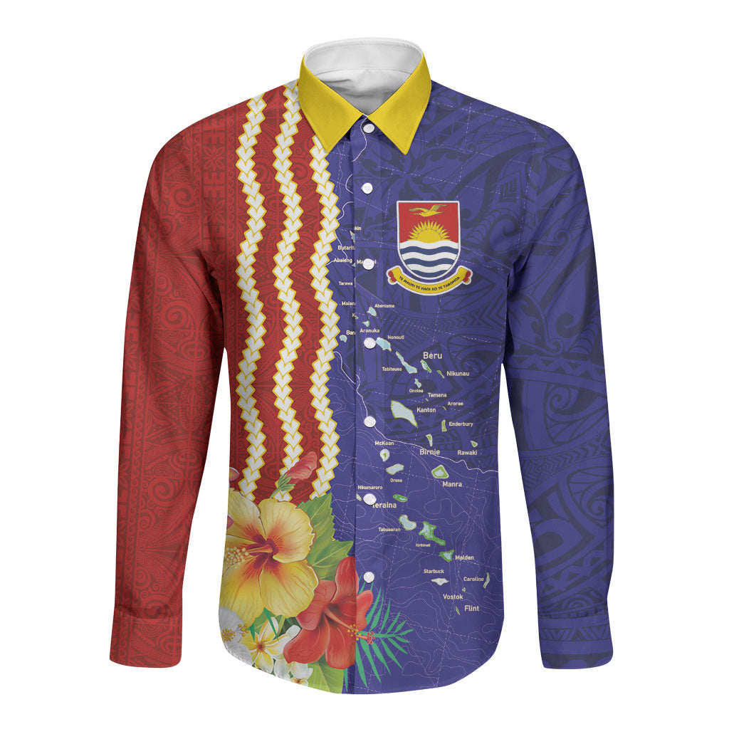 Kiribati Heritage Long Sleeve Button Shirt Map of the Islands and Polynesia Pattern