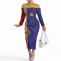 Kiribati Heritage Off The Shoulder Long Sleeve Dress Map of the Islands and Polynesia Pattern