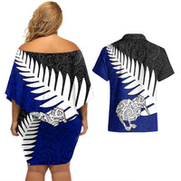 Aotearoa New Zealand Couples Matching Off Shoulder Short Dress and Hawaiian Shirt Silver Fern Kiwi Bird and NZ Map with Maori Tribal Blue Style LT03 - Polynesian Pride