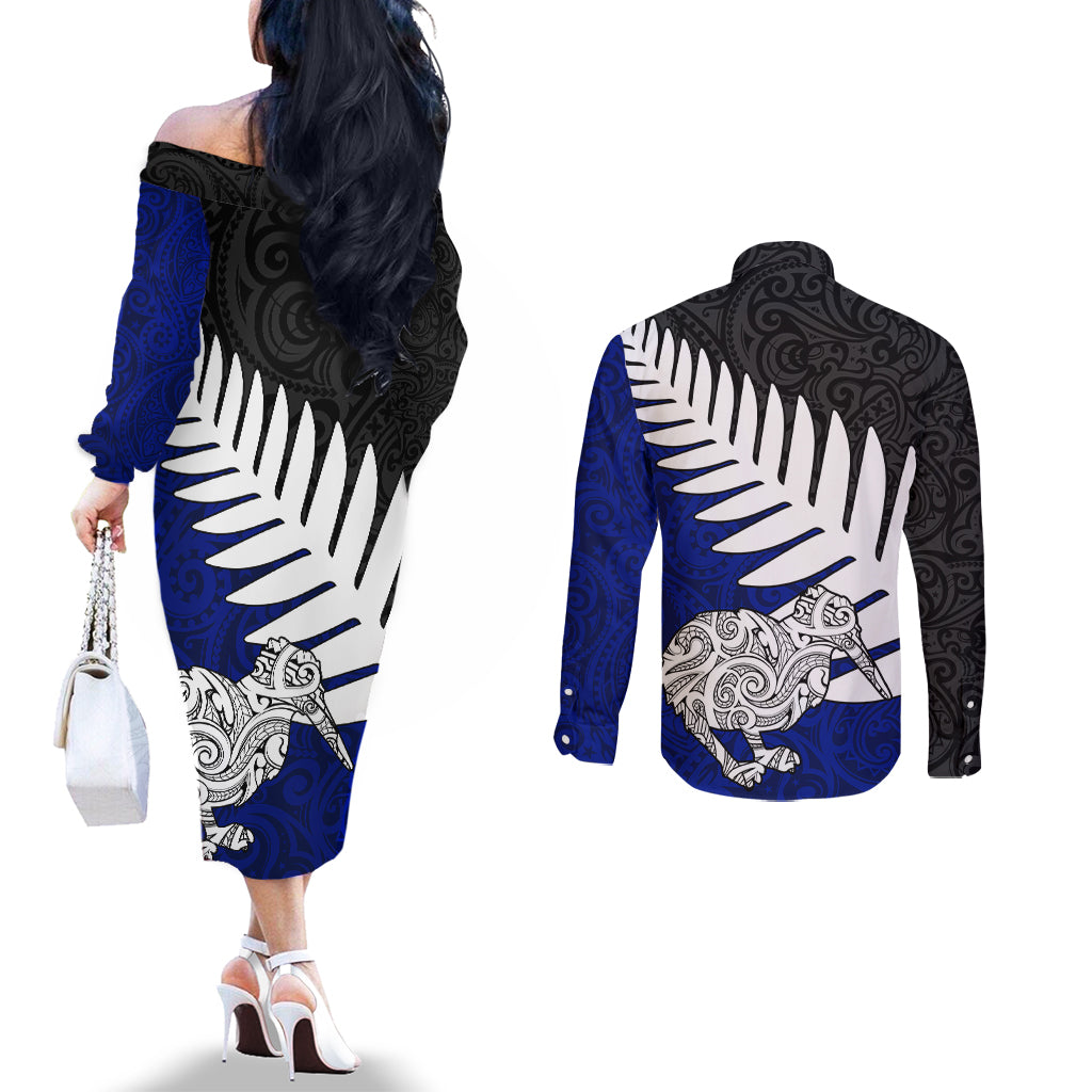 Aotearoa New Zealand Couples Matching Off The Shoulder Long Sleeve Dress and Long Sleeve Button Shirts Silver Fern Kiwi Bird and NZ Map with Maori Tribal Blue Style LT03 - Polynesian Pride