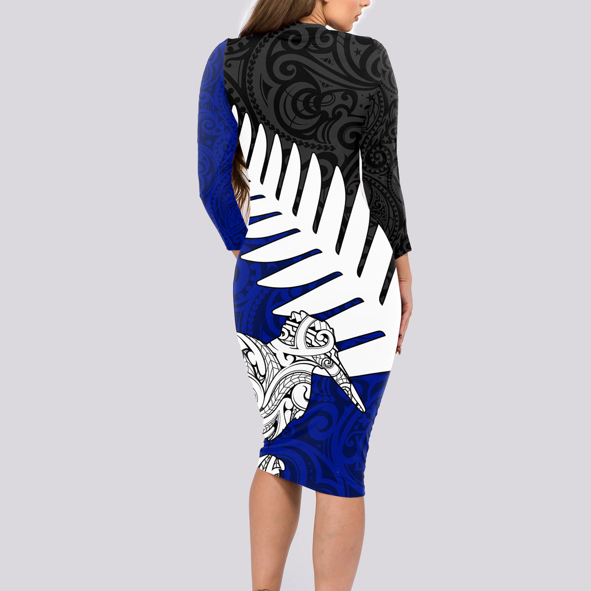 Aotearoa New Zealand Long Sleeve Bodycon Dress Silver Fern Kiwi Bird and NZ Map with Maori Tribal Blue Style LT03 - Polynesian Pride