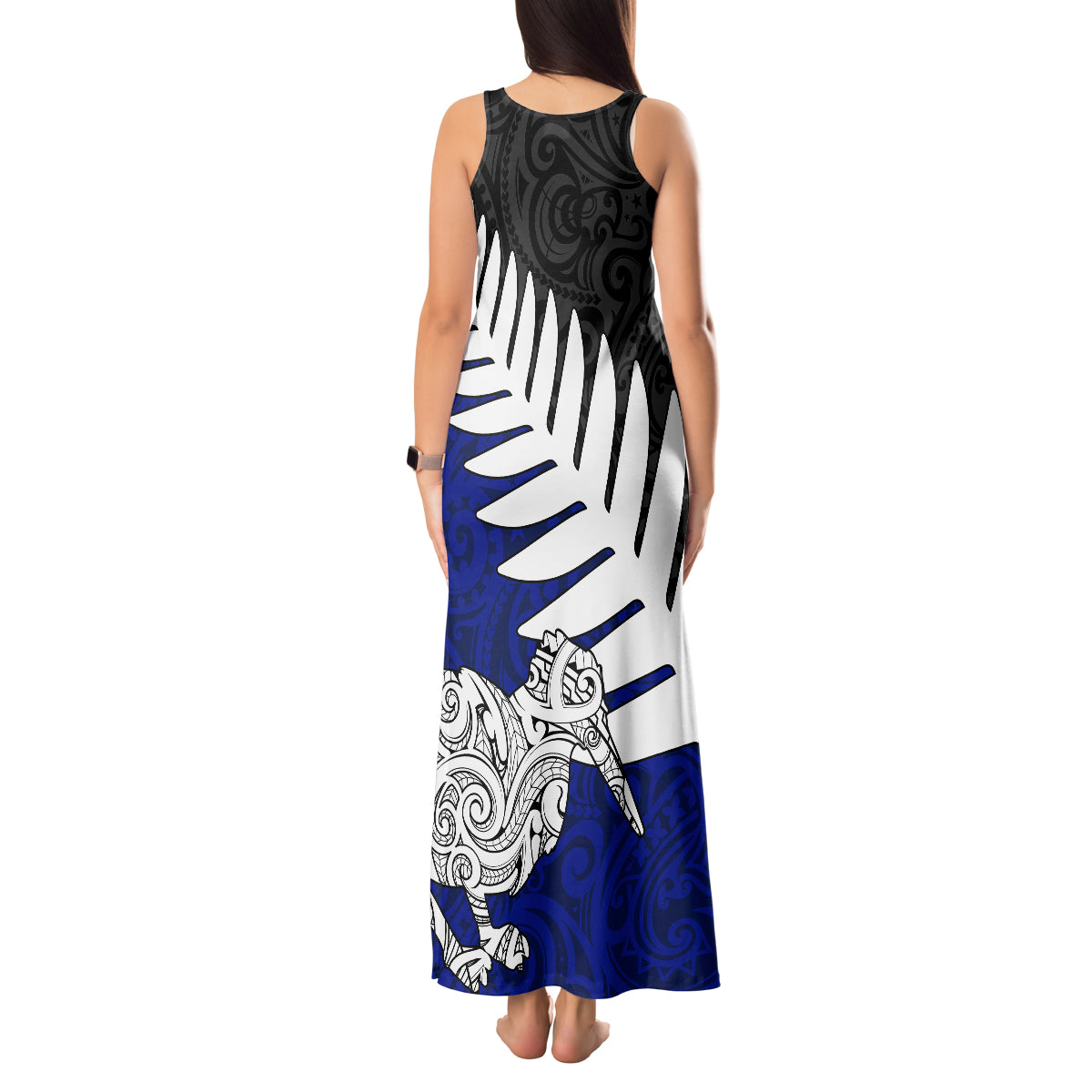 Aotearoa New Zealand Tank Maxi Dress Silver Fern Kiwi Bird and NZ Map with Maori Tribal Blue Style LT03 - Polynesian Pride