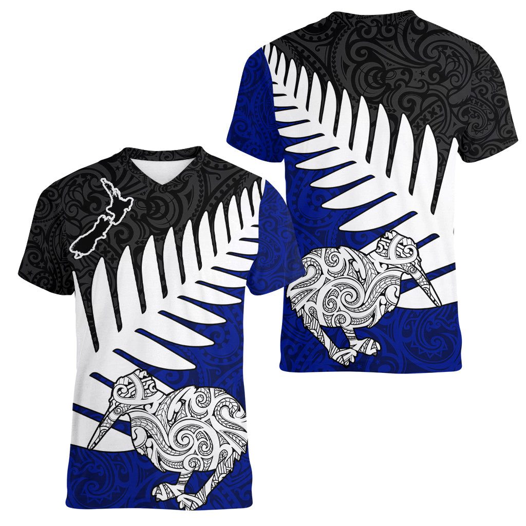 Aotearoa New Zealand Women V Neck T Shirt Silver Fern Kiwi Bird and NZ Map with Maori Tribal Blue Style LT03 - Polynesian Pride