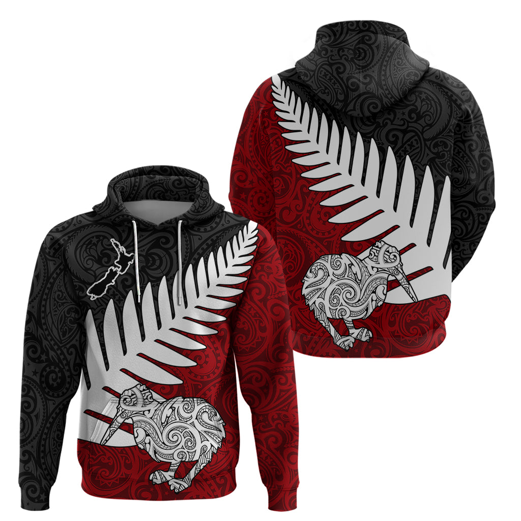Aotearoa New Zealand Hoodie Silver Fern Kiwi Bird and NZ Map with Maori Tribal Red Style LT03 - Polynesian Pride