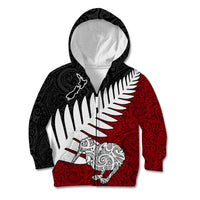 Aotearoa New Zealand Kid Hoodie Silver Fern Kiwi Bird and NZ Map with Maori Tribal Red Style LT03 - Polynesian Pride