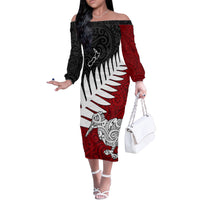 Aotearoa New Zealand Off The Shoulder Long Sleeve Dress Silver Fern Kiwi Bird and NZ Map with Maori Tribal Red Style LT03 Women Pink - Polynesian Pride