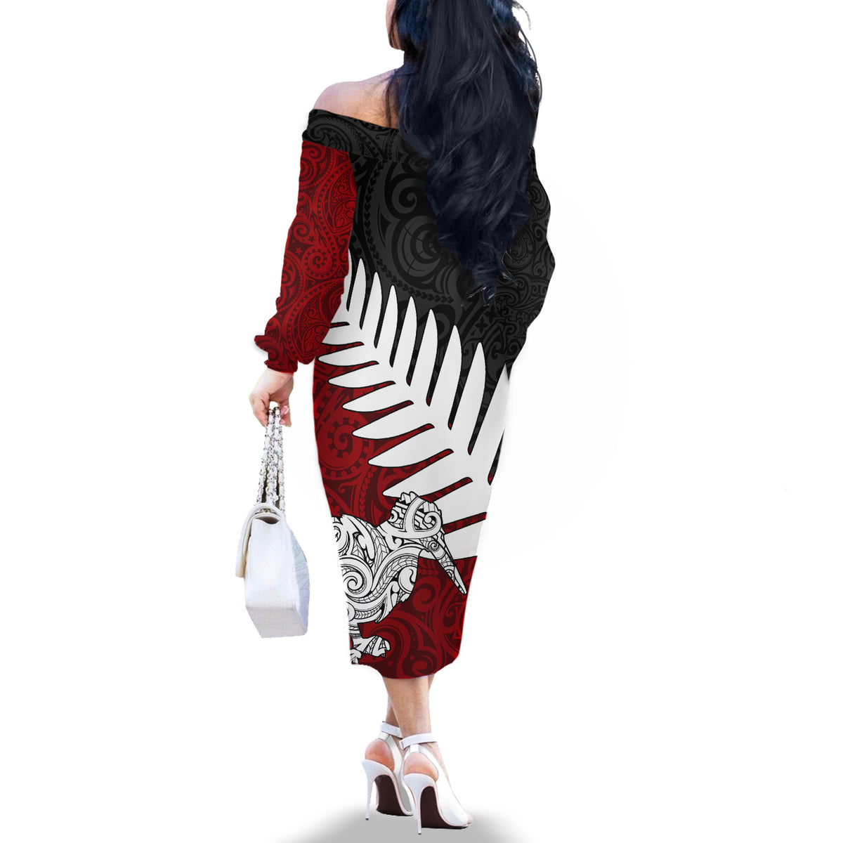 Aotearoa New Zealand Off The Shoulder Long Sleeve Dress Silver Fern Kiwi Bird and NZ Map with Maori Tribal Red Style LT03 - Polynesian Pride