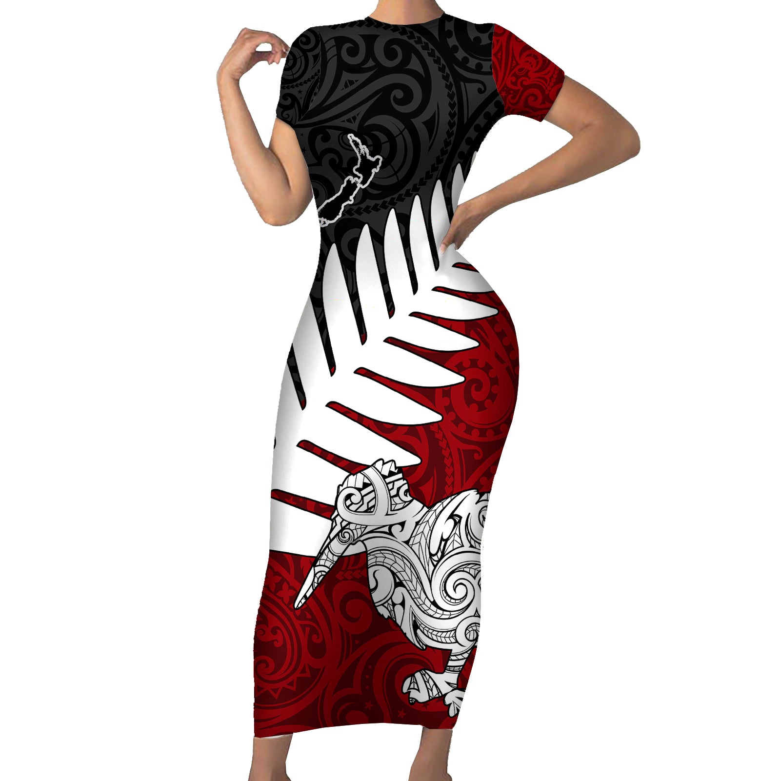 Aotearoa New Zealand Short Sleeve Bodycon Dress Silver Fern Kiwi Bird and NZ Map with Maori Tribal Red Style LT03 Long Dress Pink - Polynesian Pride