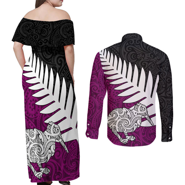 New Zealand Couples Matching Summer Maxi Dress and Long Sleeve Button Shirts Silver Fern and Hei Tiki with Papua Shell Maori Tribal LT03 main image 1