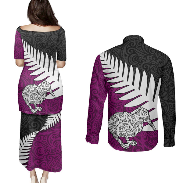 Aotearoa New Zealand Couples Matching Mermaid Dress and Long Sleeve Button Shirts Silver Fern and Matau with Maori Tribal Pink Style LT03