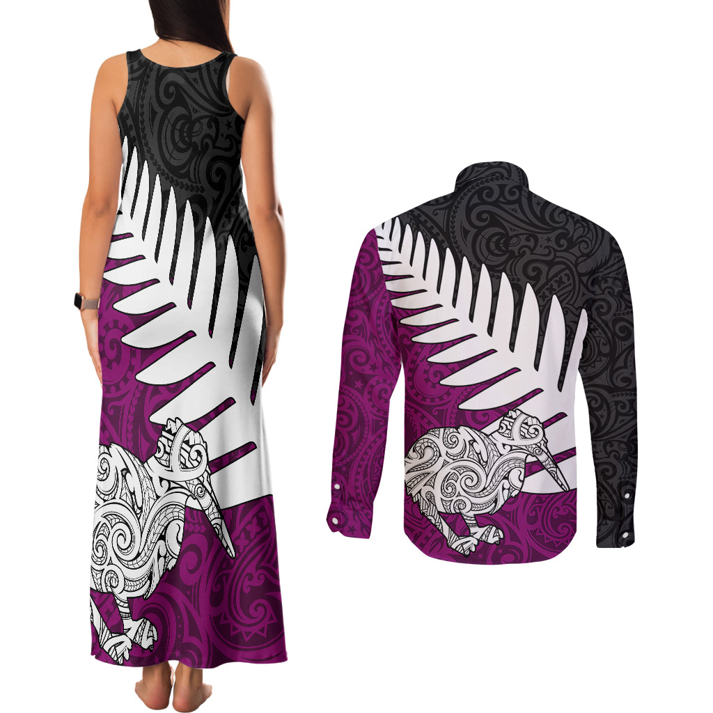 Aotearoa New Zealand Couples Matching Tank Maxi Dress and Long Sleeve Button Shirts Silver Fern Kiwi Bird and NZ Map with Maori Tribal Pink Style LT03 - Polynesian Pride