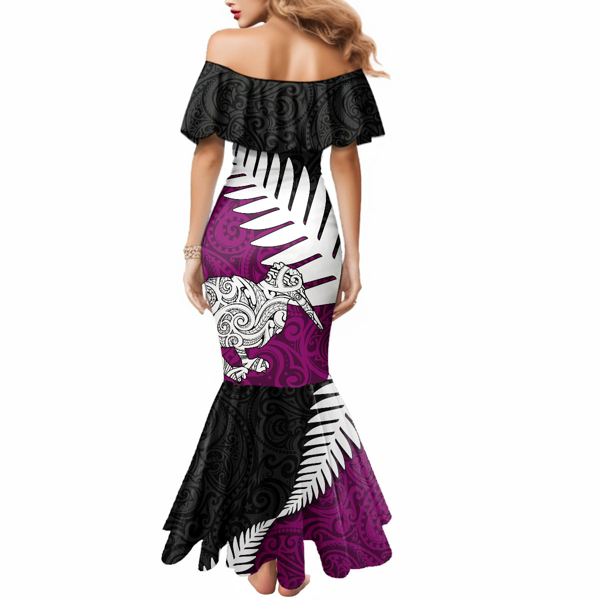 Aotearoa New Zealand Mermaid Dress Silver Fern Kiwi Bird and NZ Map with Maori Tribal Pink Style LT03 - Polynesian Pride