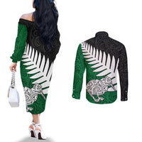 Aotearoa New Zealand Couples Matching Off The Shoulder Long Sleeve Dress and Long Sleeve Button Shirts Silver Fern Kiwi Bird and NZ Map with Maori Tribal Green Style LT03 - Polynesian Pride
